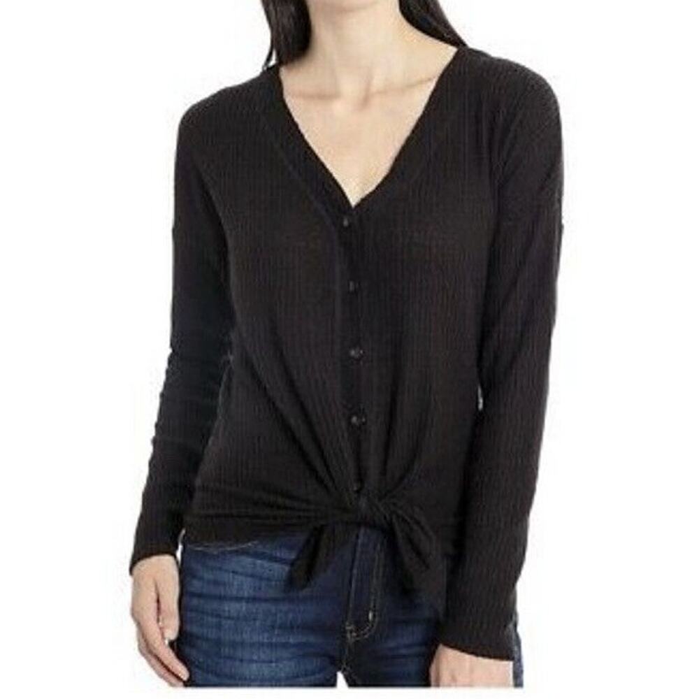 Isaac Mizrahi NY black Waffle Knit Button Front Top Size L